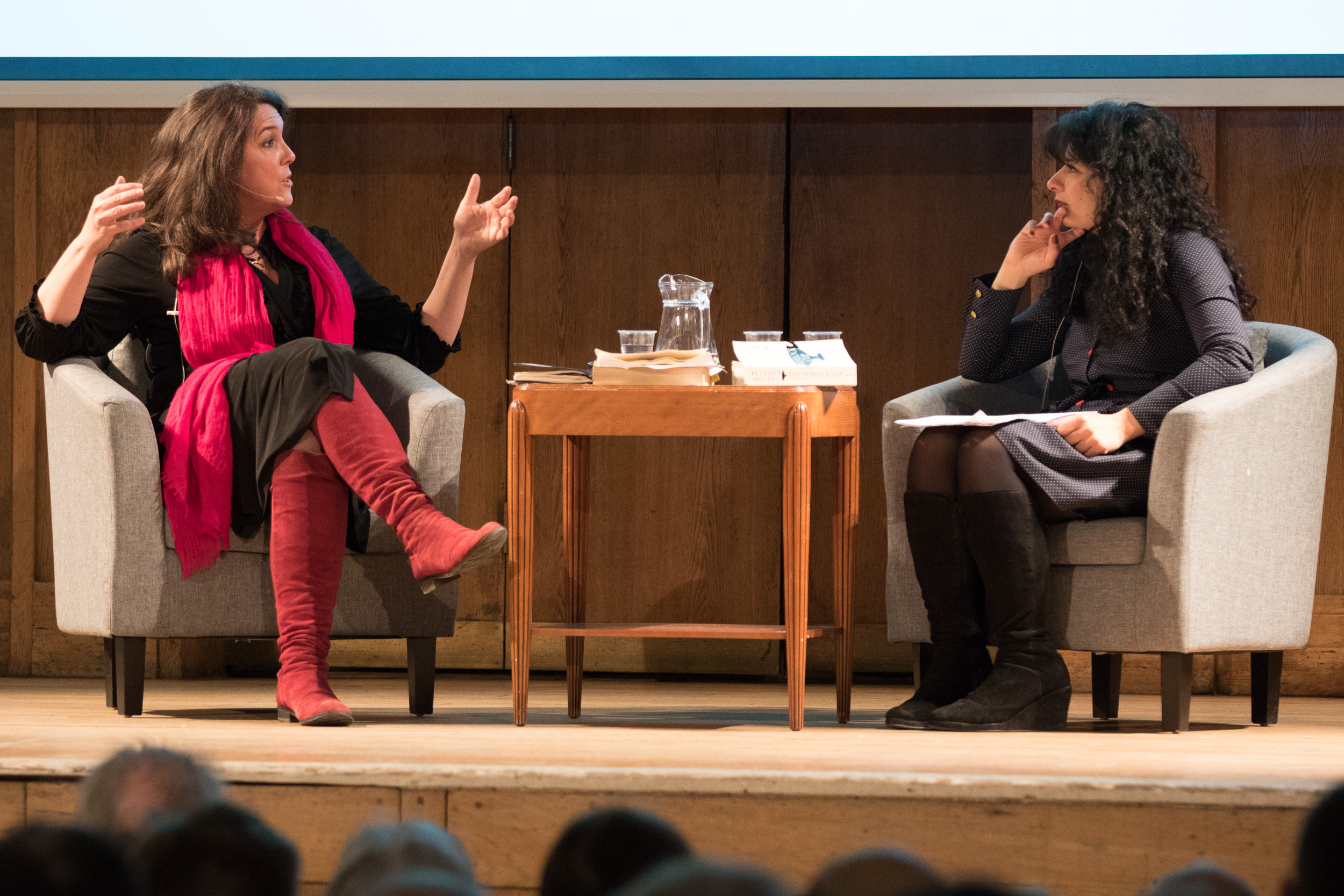 BHA President Shappi Khorsandi (right) and 2016 Voltaire Lecturer Bettany Hughes (left) discuss Socrates, Confucius, and the Buddha