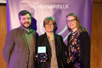 Sarah Bakewell receives the 2023 Rosalind Franklin Medal. (L-R) Andrew Copson, Chief Executive of Humanists UK, Sarah Bakewell, and Niki Seth-Smith, editor of New Humanist magazine.