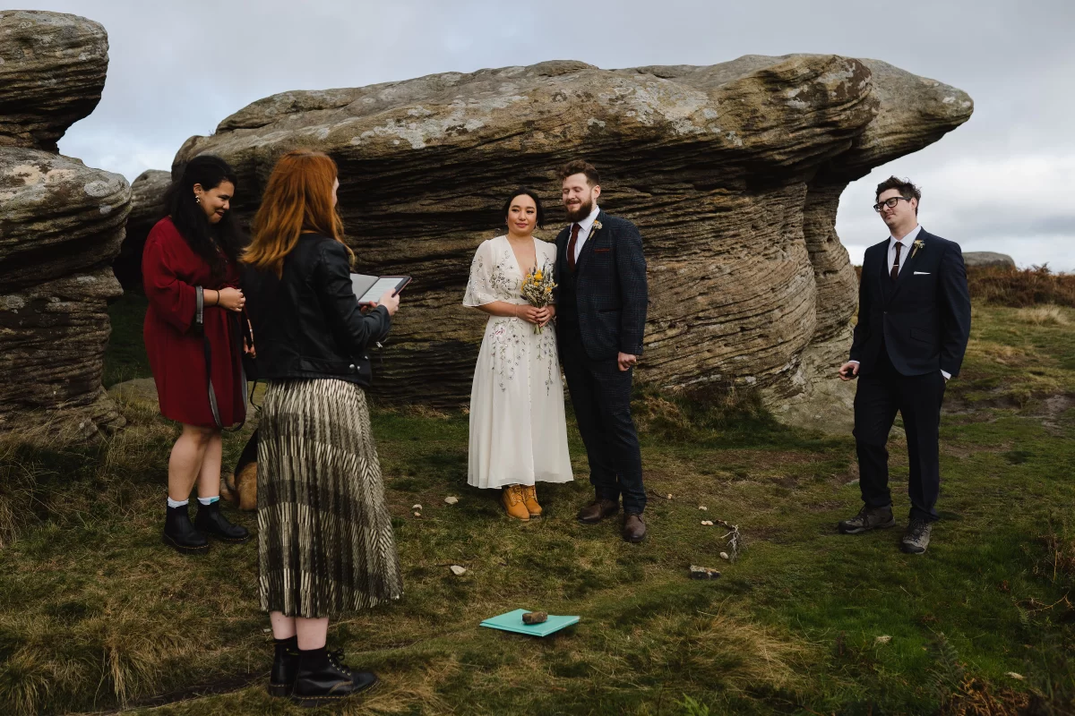 The elopement ceremony, conducted on the wild landscape of the peace district, just the celebrant, bride and groom, two best friends and a dog. 