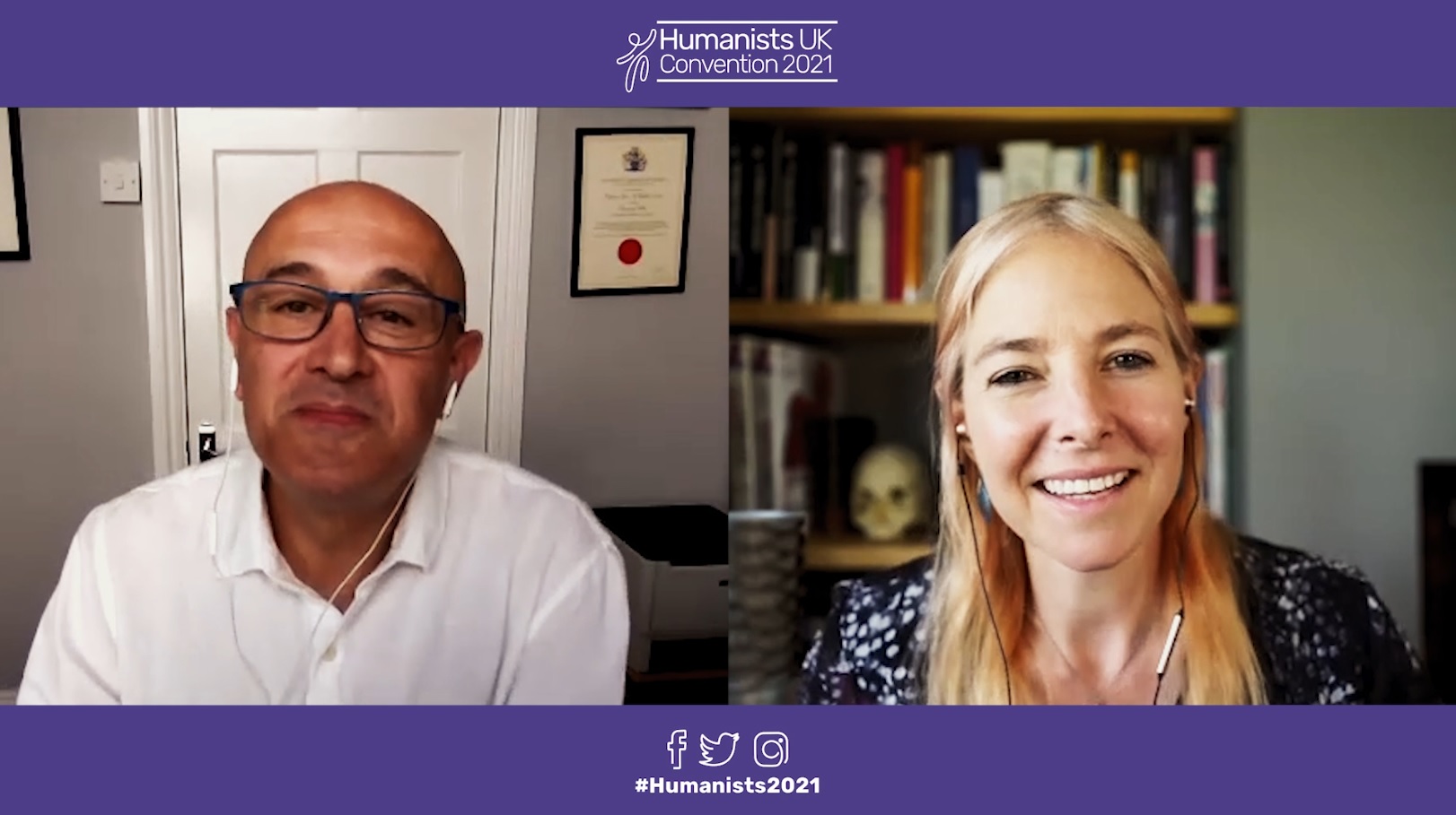 Jim Al-Khalili (L) and Alice Roberts (R) speaking at Humanists UK Convention 2021