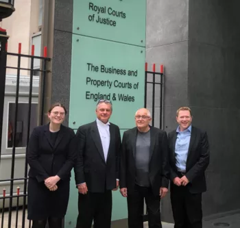 Humanist Steve Bowen and his legal team outside the Royal Courts of Justice 17 May 2023