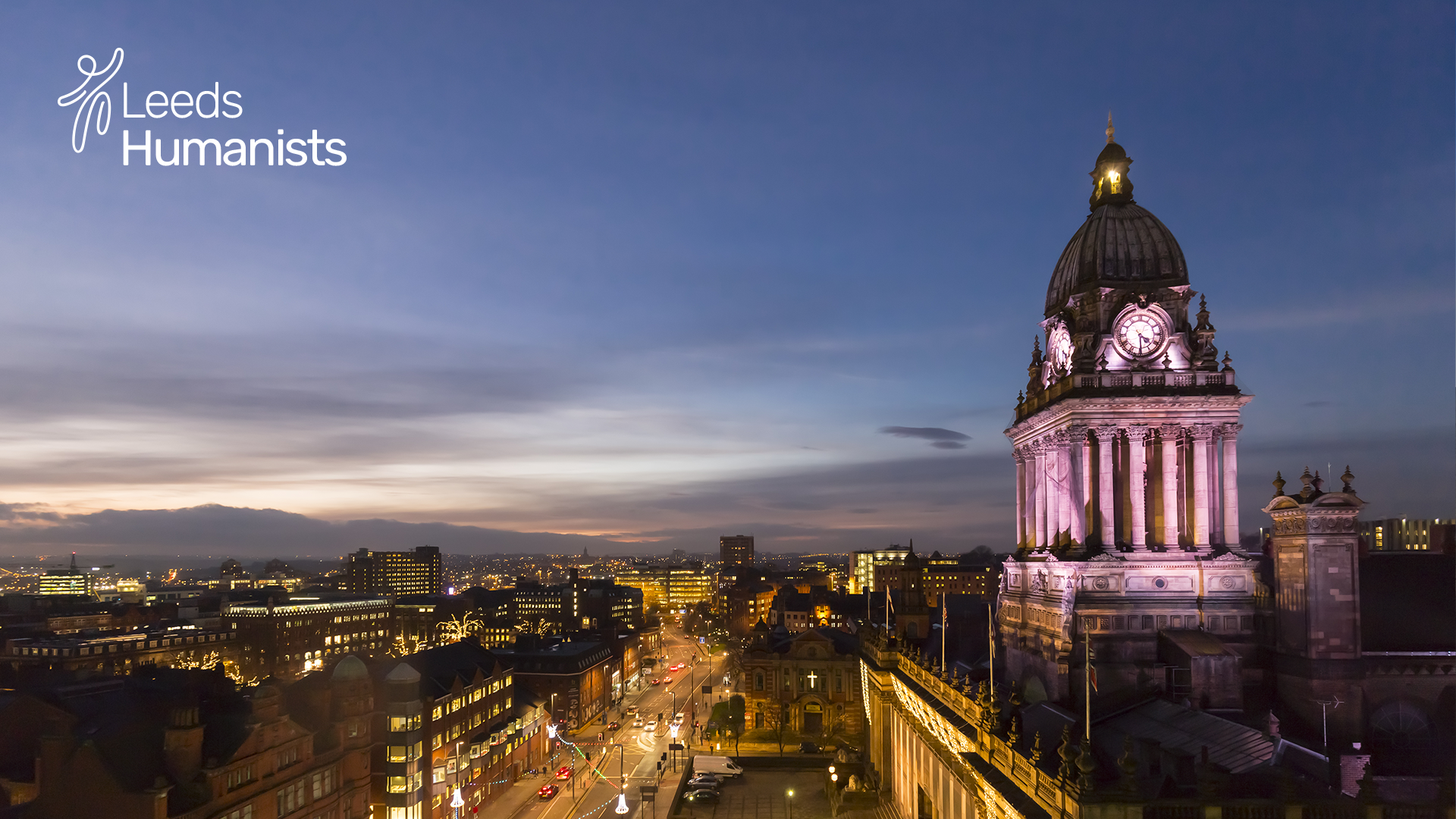 Leeds Humanists logo on Leeds cityscape
